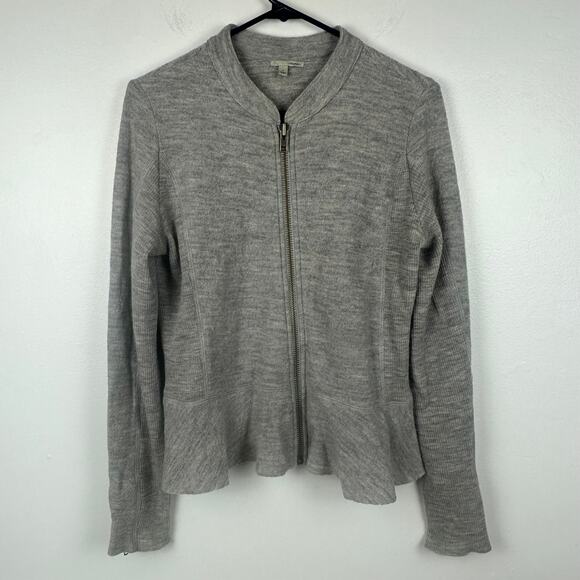 Halogen Womens 100% Merino Wool Full-Zip Light Grey Peplum Sweater Jacket Medium - Picture 1 of 9